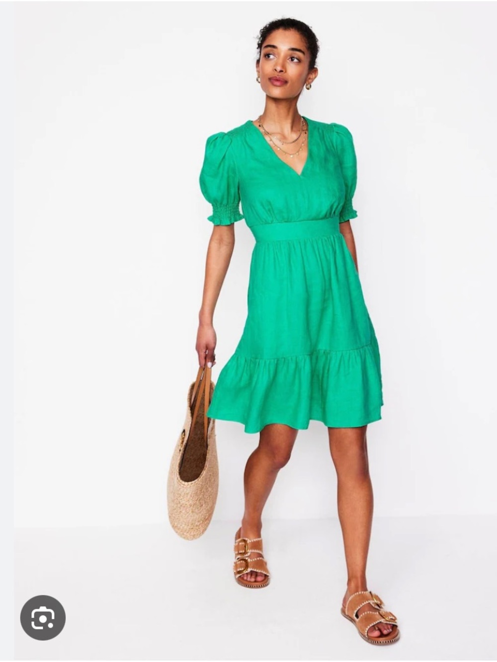 Boden Anna 100% Cotton Puff Sleeve Ruffle Tiered Summer Dress Green 16-18